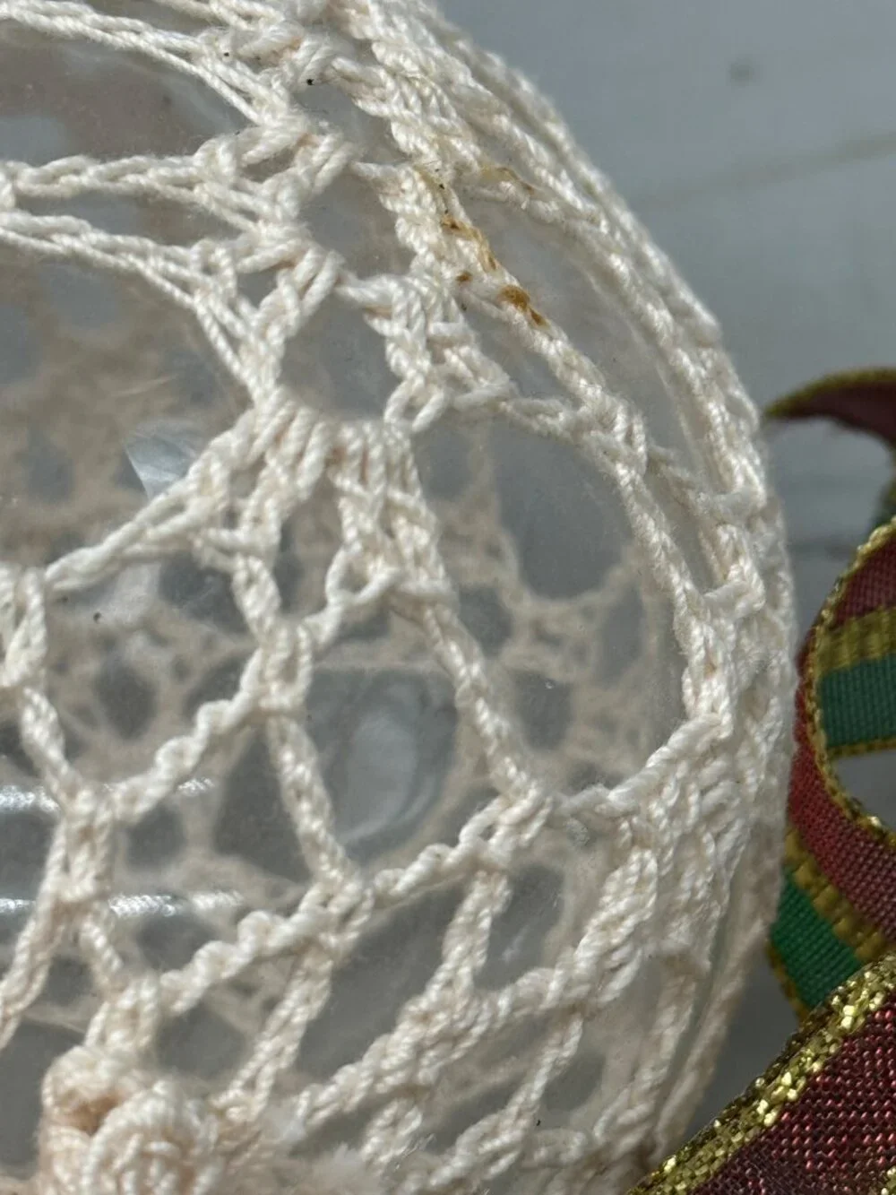 handmade Christmas bulbs ornaments set of 2 ribbon doily lace pine cones READ